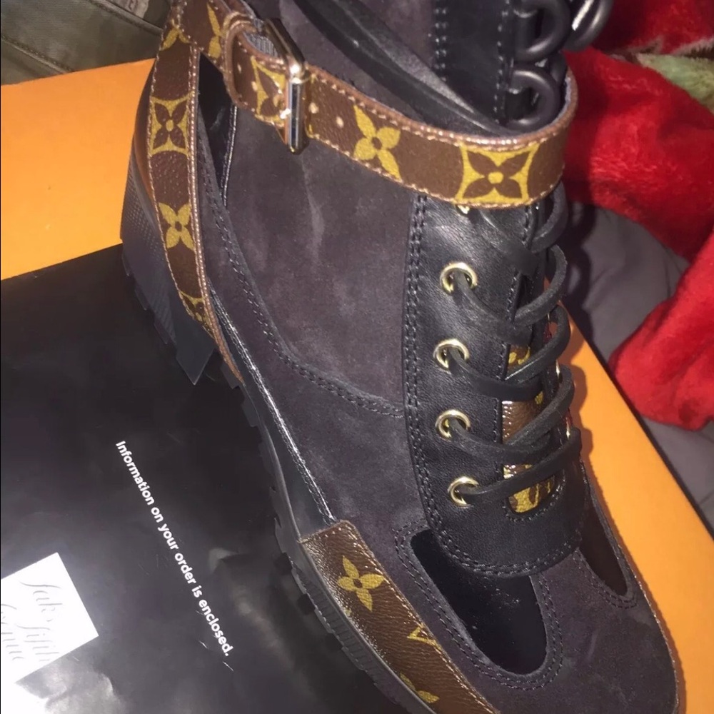 Louis Vuitton Black and Brown Platform Lace-Up Ankle Boots with Monogram Straps
